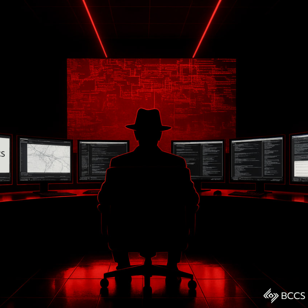 CODE RED cybersecurity simulation - hacker silhouette with multiple monitors